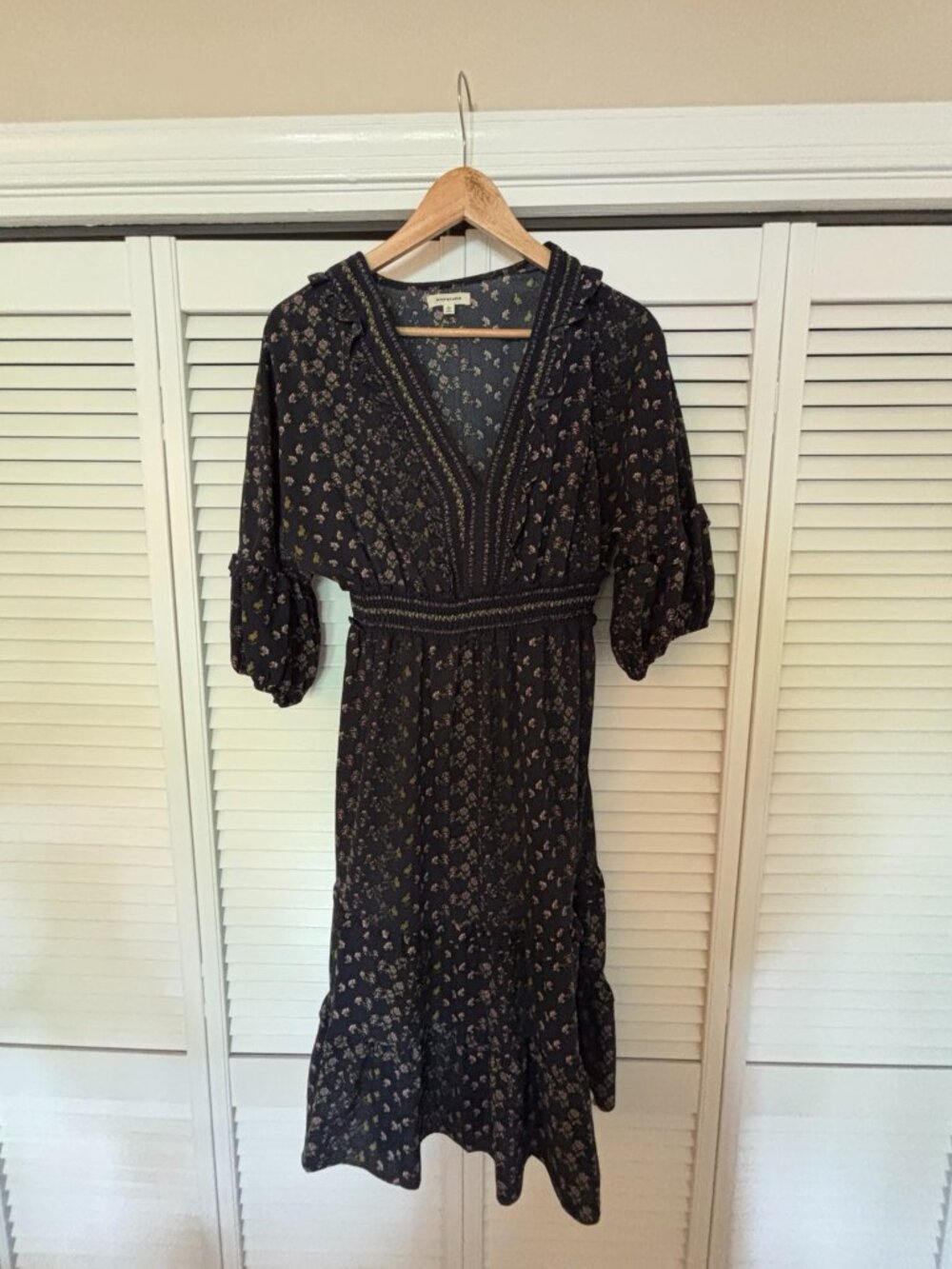 Max Studio Black Floral Smocked Midi Dress Boho Ruffle Sleeve Large